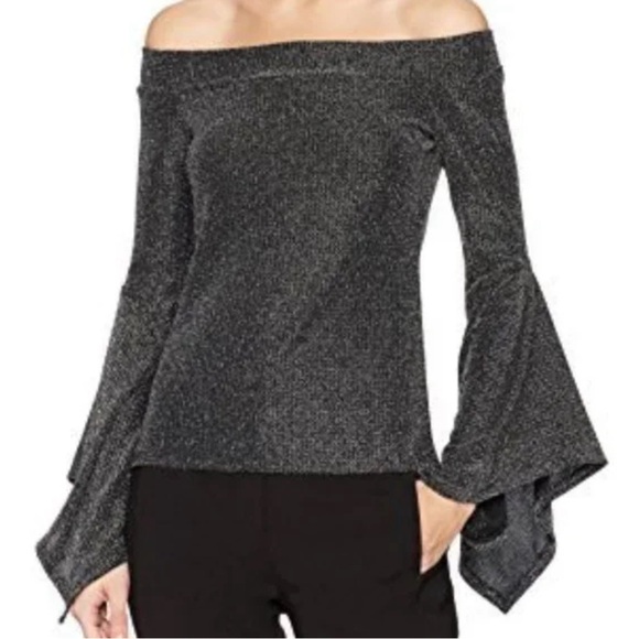 BCBGMaxAzria Tops - BCBG Maxazria Womens XS Top Silver Metallic Accent Off Shoulder Bell Sleeve